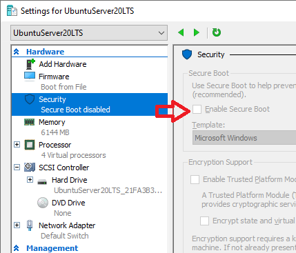 Hyper-V Generation 2 settings screenshot